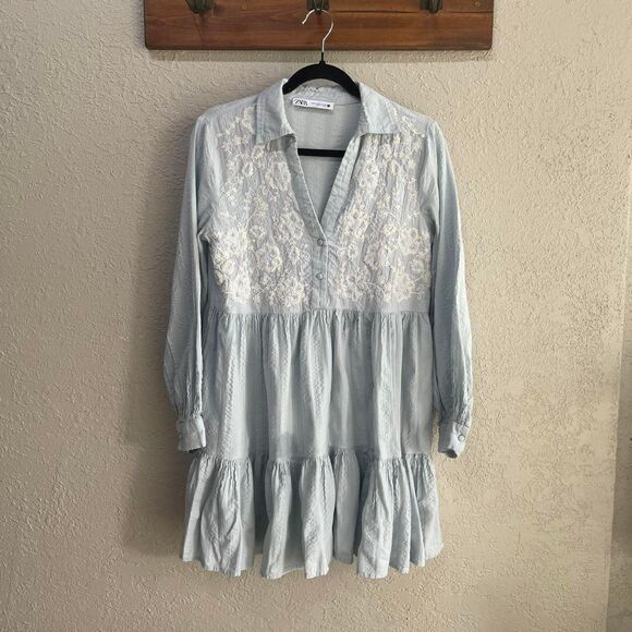 Zara Blue Boho Dress with Embroidered Detailing Long Sleeve100% CottonSize Med - Picture 1 of 6